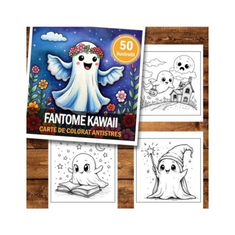Carti si Birotica - Carti - Carti pentru copii - Carti de colorat - Carte de colorat antistres , 50 de ilustratii Fantome Kawaii, 106 pagini, A5 - Infinity.ro