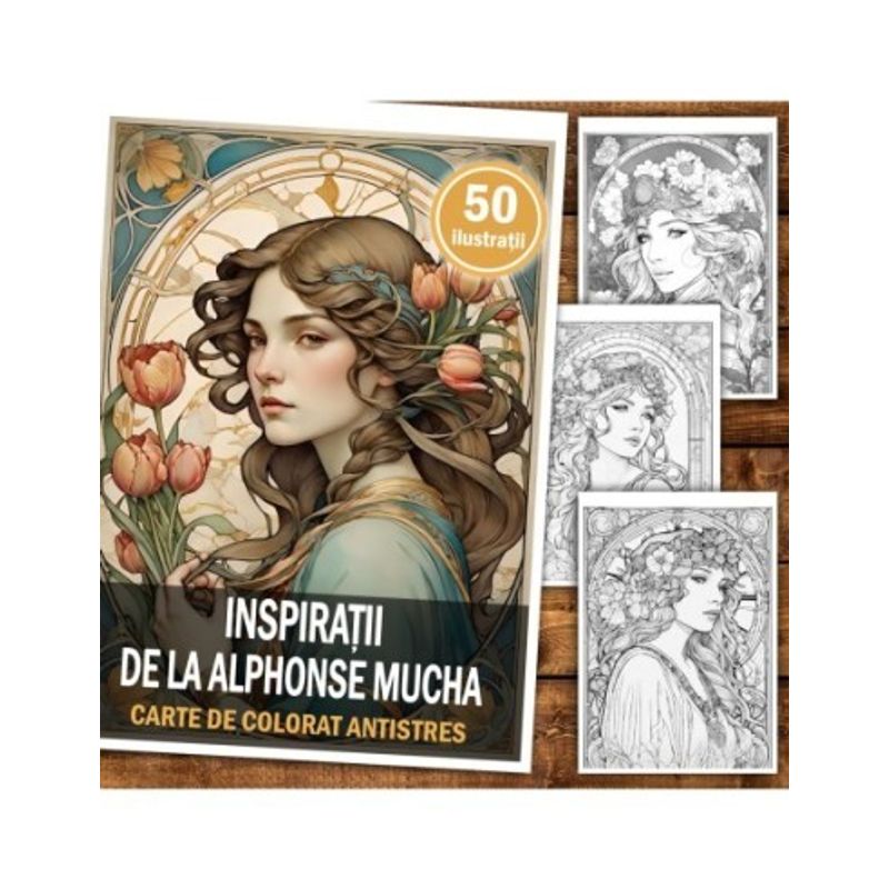 Carti si Birotica - Carti - Carti pentru copii - Carti de colorat - Carte de colorat antistres , 50 de ilustratii Inspiratii de la Alphonse Mucha, 106 pagini, A5 - Infinity.ro