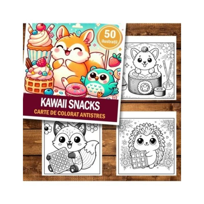 Carti si Birotica - Carti - Carti pentru copii - Carti de colorat - Carte de colorat antistres , 50 de ilustratii Kawaii Snacks, 106 pagini, A5 - Infinity.ro
