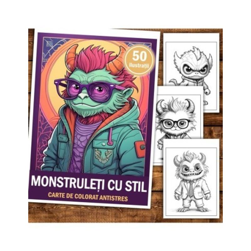 Carti si Birotica - Carti - Carti pentru copii - Carti de colorat - Carte de colorat antistres , 50 de ilustratii Monstruleti cu Stil, 106 pagini, A5 - Infinity.ro