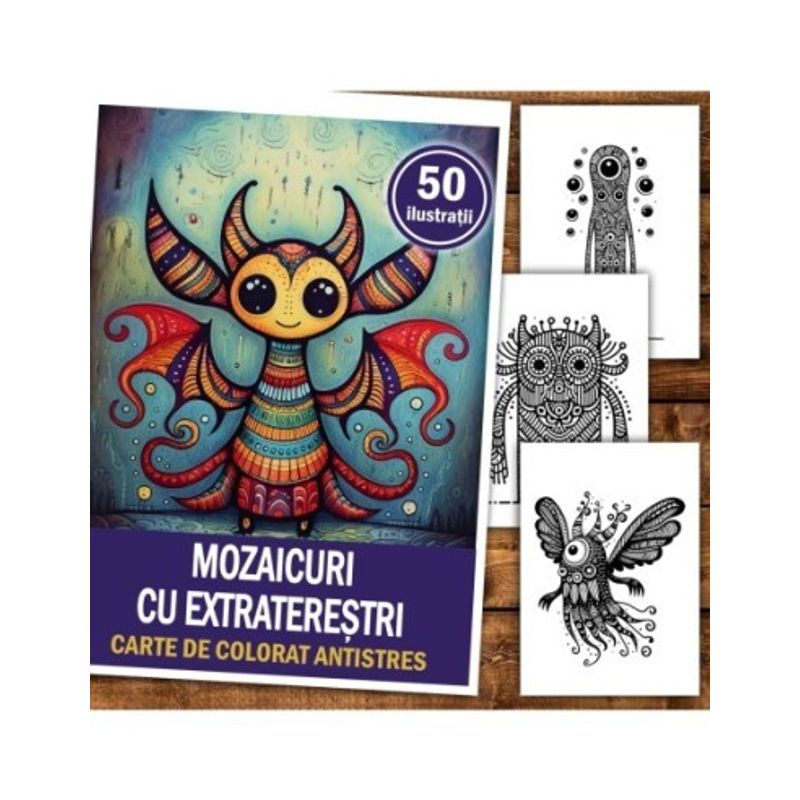 Carti si Birotica - Carti - Carti pentru copii - Carti de colorat - Carte de colorat antistres , 50 de ilustratii Mozaicuri cu extraterestrii, 106 pagini, A5 - Infinity.ro
