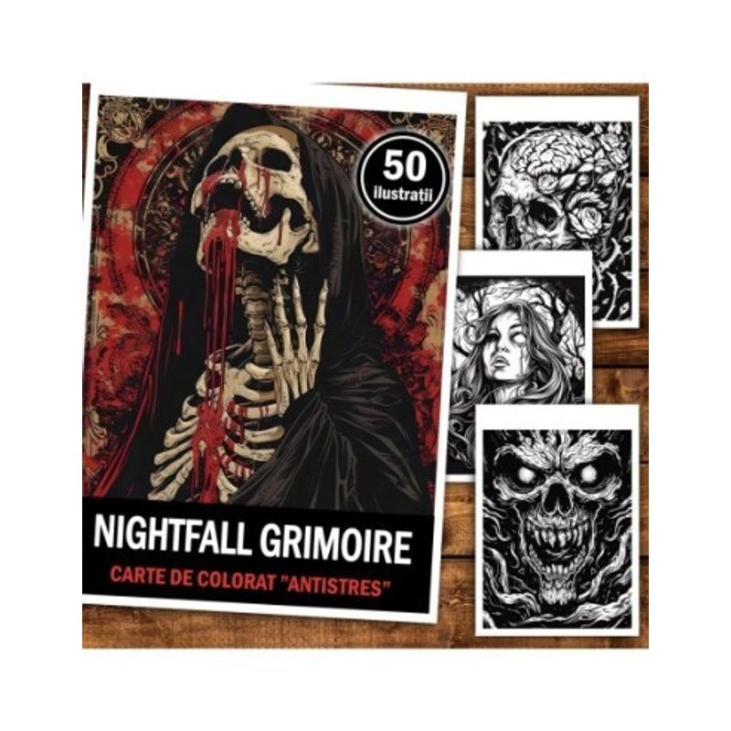Carti si Birotica - Carti - Carti pentru copii - Carti de colorat - Carte de colorat antistres , 50 de ilustratii Nightfall Grimoire, 106 pagini, A5 - Infinity.ro