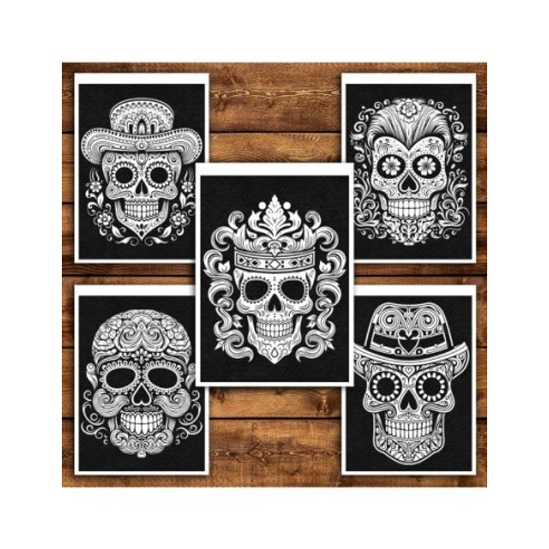 Carti si Birotica - Carti - Carti pentru copii - Carti de colorat - Carte de colorat antistres , 50 de ilustratii Sugar Skulls pe fundal negru, 106 pagini, A5 - Infinity.ro