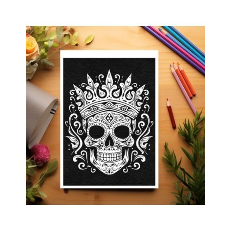 Carti si Birotica - Carti - Carti pentru copii - Carti de colorat - Carte de colorat antistres , 50 de ilustratii Sugar Skulls pe fundal negru, 106 pagini, A5 - Infinity.ro