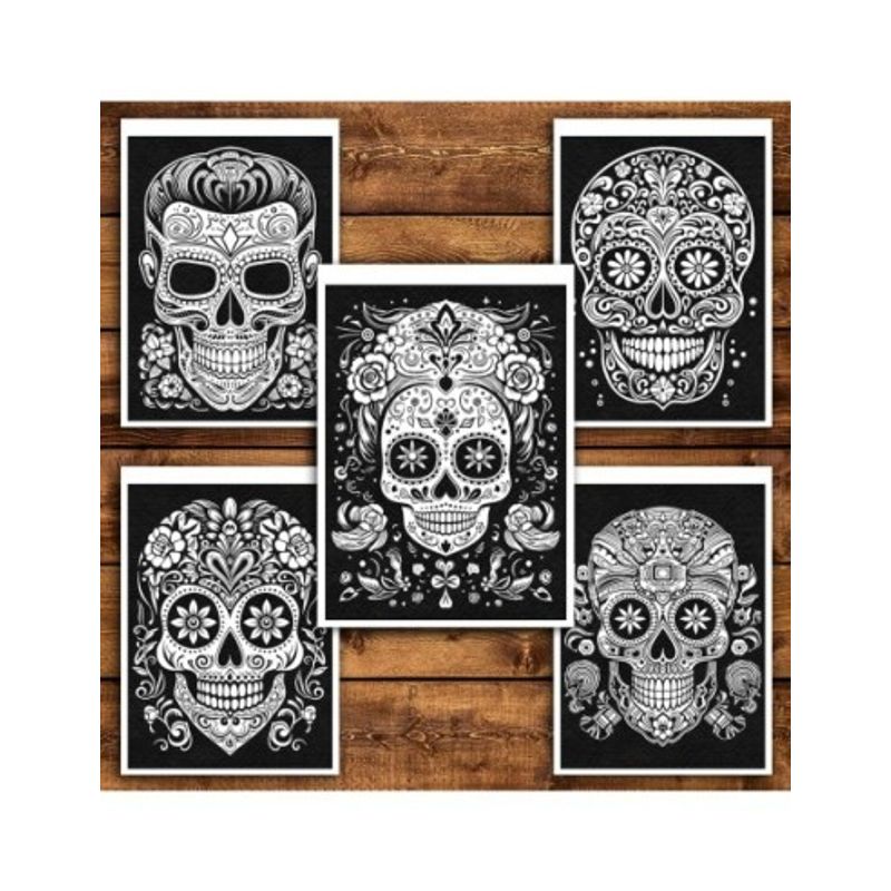Carti si Birotica - Carti - Carti pentru copii - Carti de colorat - Carte de colorat antistres , 50 de ilustratii Sugar Skulls pe fundal negru, 106 pagini, A5 - Infinity.ro