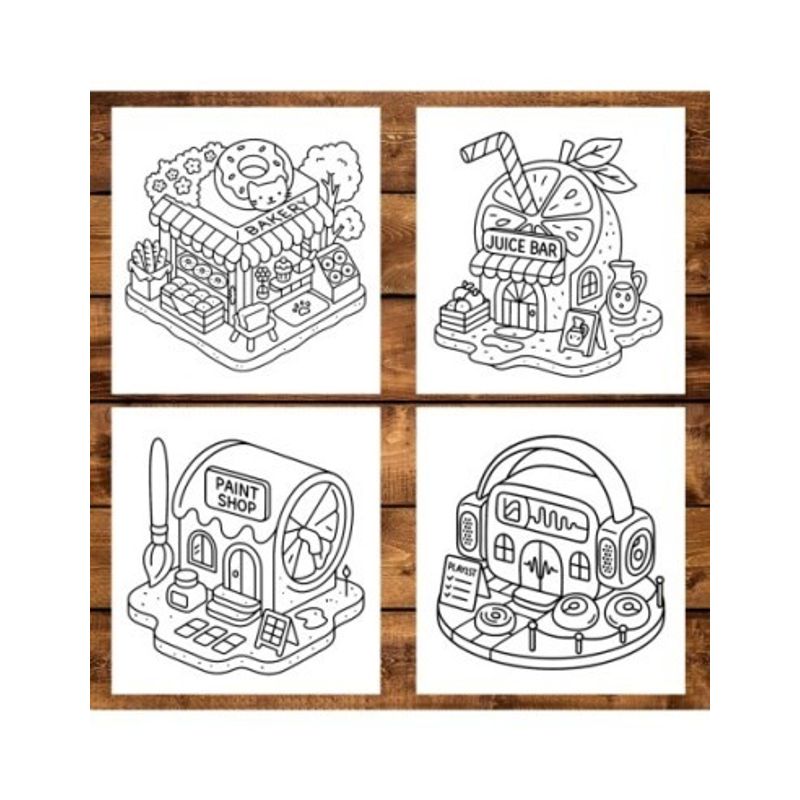 Carti si Birotica - Carti - Carti pentru copii - Carti de colorat - Carte de colorat antistres , 50 de ilustratii Tiny Shops - Volumul I, 106 pagini, A5 - Infinity.ro