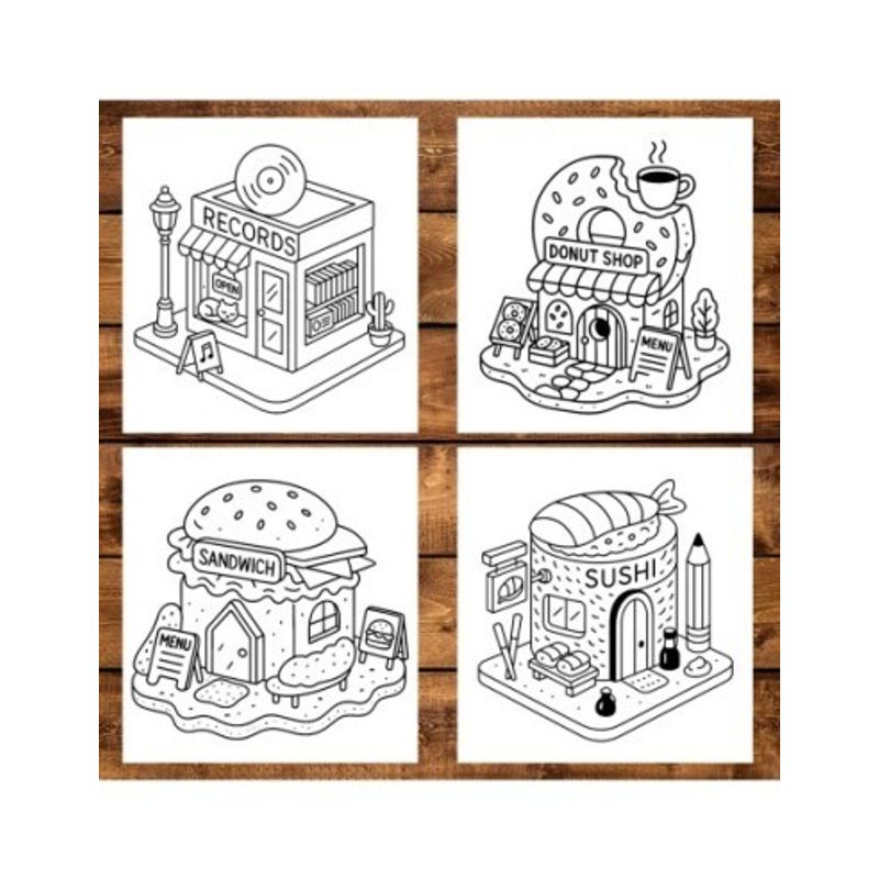 Carti si Birotica - Carti - Carti pentru copii - Carti de colorat - Carte de colorat antistres , 50 de ilustratii Tiny Shops - Volumul II, 106 pagini, A5 - Infinity.ro