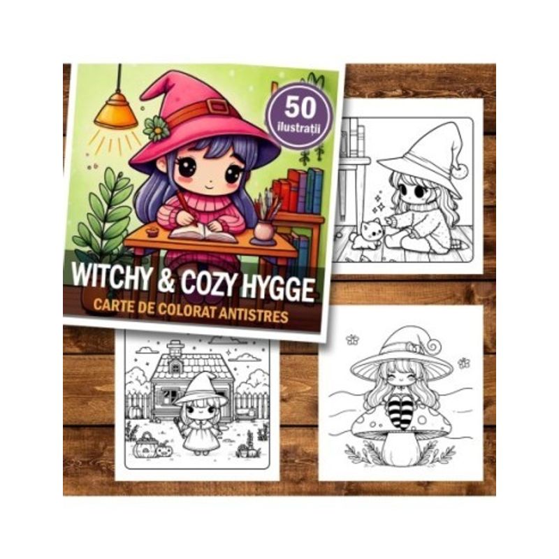 Carti si Birotica - Carti - Carti pentru copii - Carti de colorat - Carte de colorat antistres , 50 de ilustratii Witchy Cozy Hygge, 106 pagini, A5 - Infinity.ro