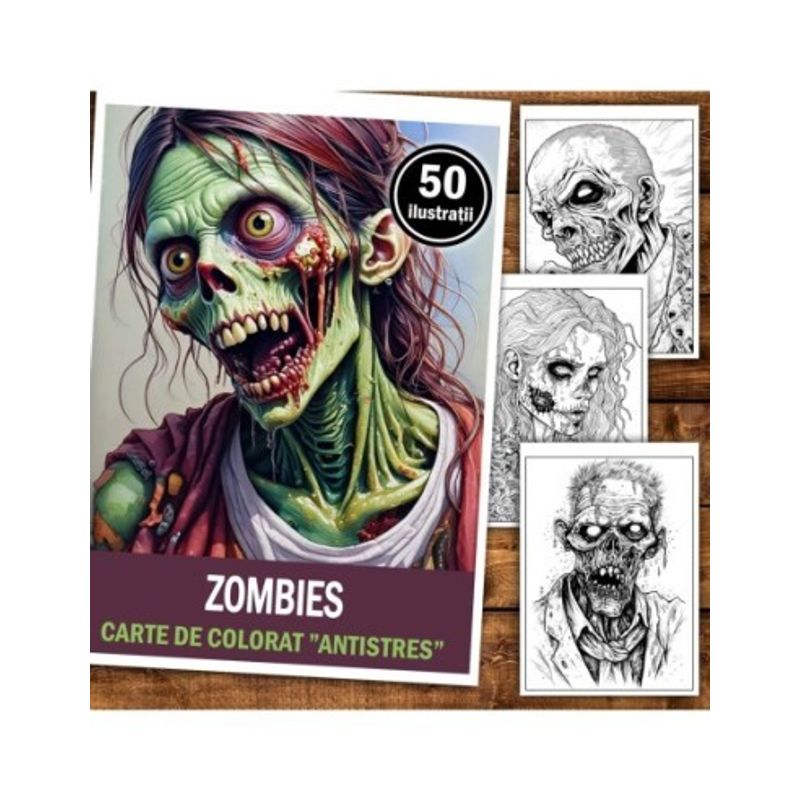 Carti si Birotica - Carti - Carti pentru copii - Carti de colorat - Carte de colorat antistres , 50 de ilustratii Zombies, 106 pagini, A5 - Infinity.ro
