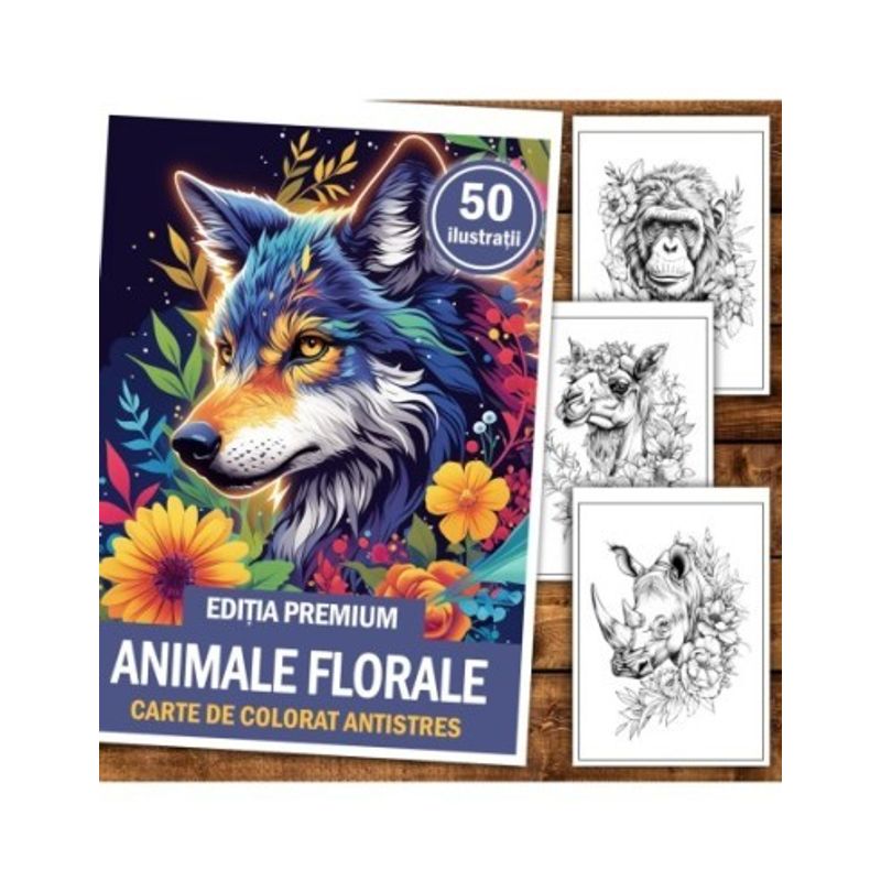 Carti si Birotica - Carti - Carti pentru copii - Carti de colorat - Carte de colorat antistres, 50 de ilustratii Animale Florale - Editia Premium, A5 - Infinity.ro