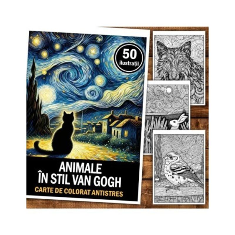 Carti si Birotica - Carti - Carti pentru copii - Carti de colorat - Carte de colorat antistres, 50 de ilustratii Animale in stil Van Gogh, A5 - Infinity.ro