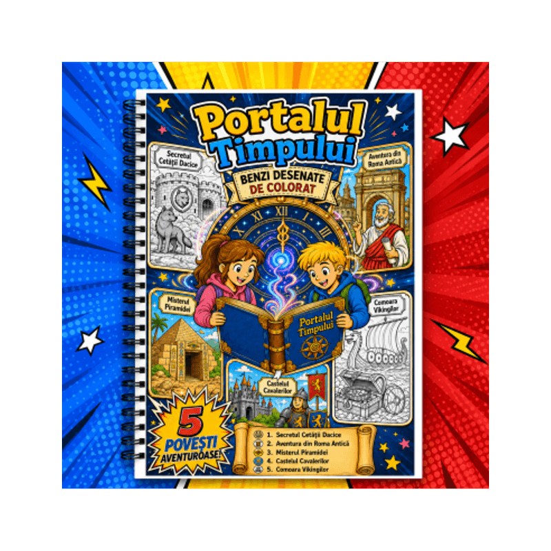 Carti si Birotica - Carti - Carti pentru copii - Carti de colorat - Carte de colorat cu benzi desenate pentru copii, Portalul Timpului, 5 povesti ilustrate, 56 pagini, A4 - Infinity.ro