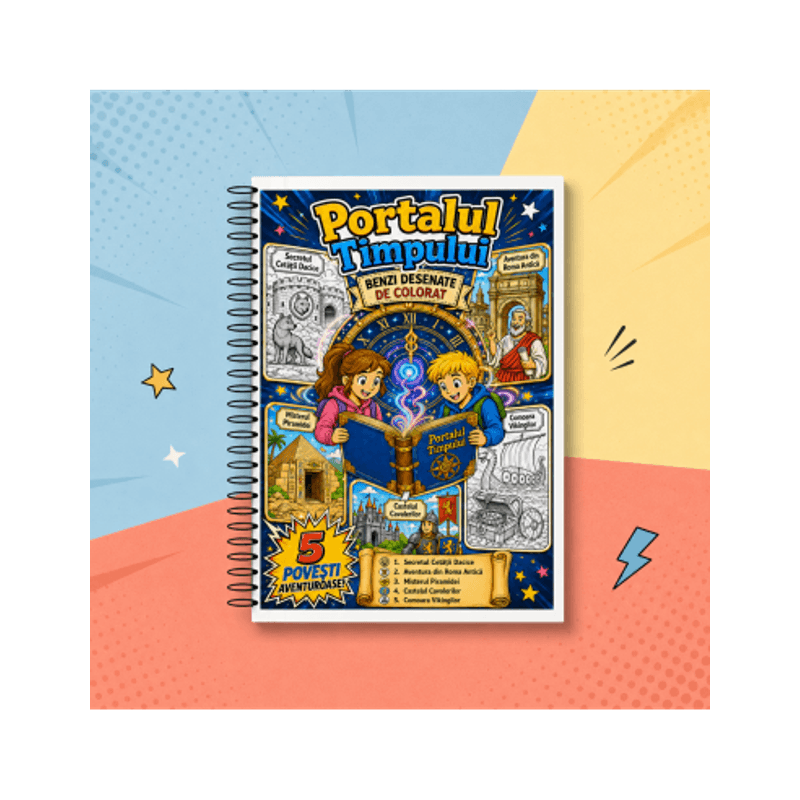 Carti si Birotica - Carti - Carti pentru copii - Carti de colorat - Carte de colorat cu benzi desenate pentru copii, Portalul Timpului, 5 povesti ilustrate, 56 pagini, A4 - Infinity.ro