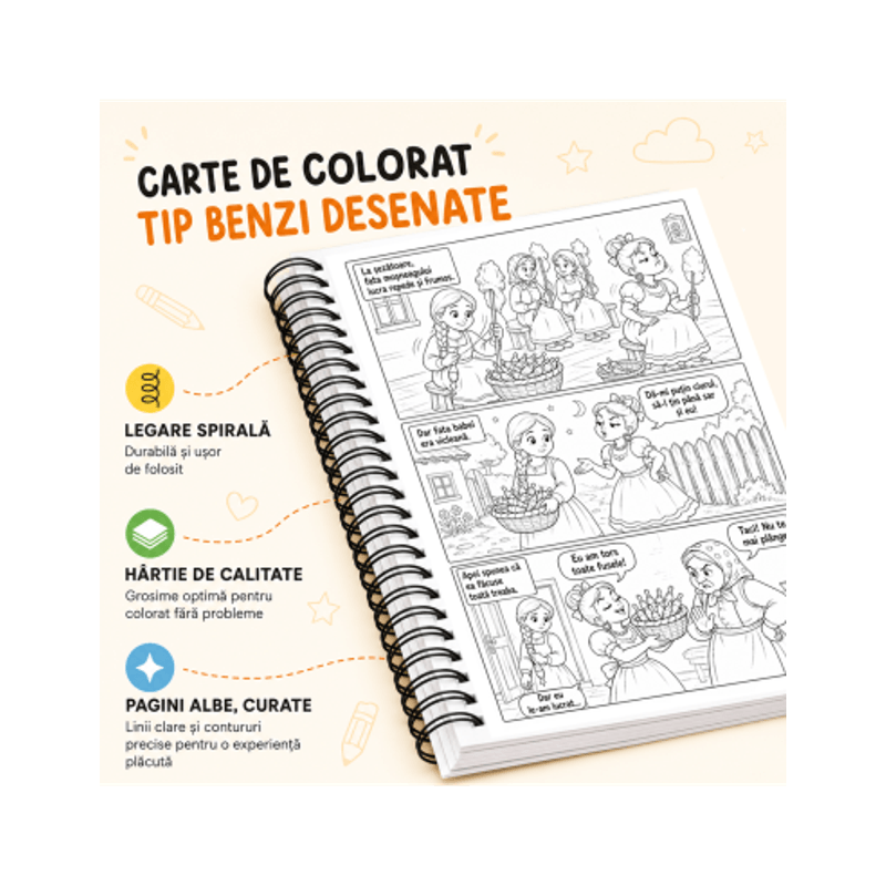 Carti si Birotica - Carti - Carti pentru copii - Carti de colorat - Carte de colorat cu benzi desenate pentru copii, Povesti Romanesti, 5 povesti ilustrate, 94 pagini, A5 - Infinity.ro