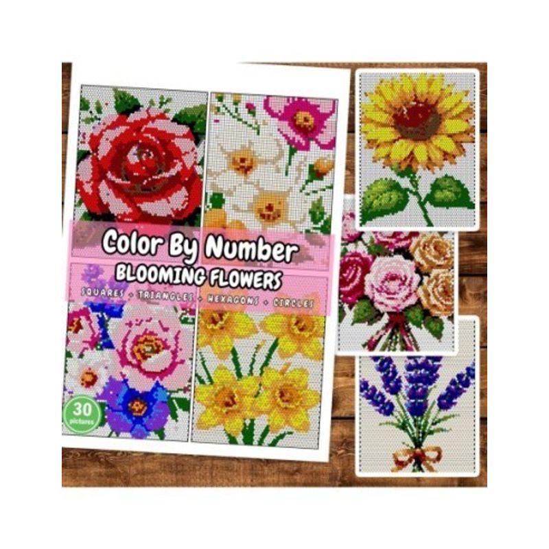Carti si Birotica - Carti - Carti pentru copii - Carti de colorat - Carte de colorat cu numere, color by number, 30 de ilustratii Blooming Flowers, 66 pagini, A4 - Infinity.ro
