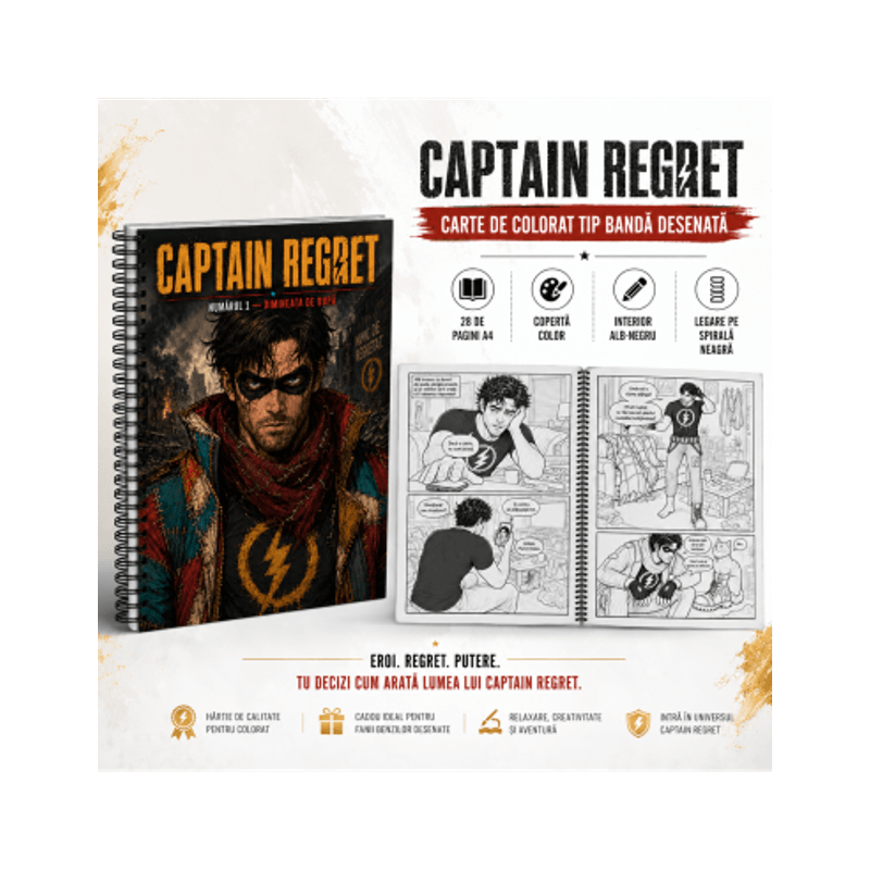 Carti si Birotica - Carti - Carti pentru copii - Carti de colorat - Carte de colorat cu benzi desenate, Captain Regret - Volumul I, 34 pagini, A4 - Infinity.ro