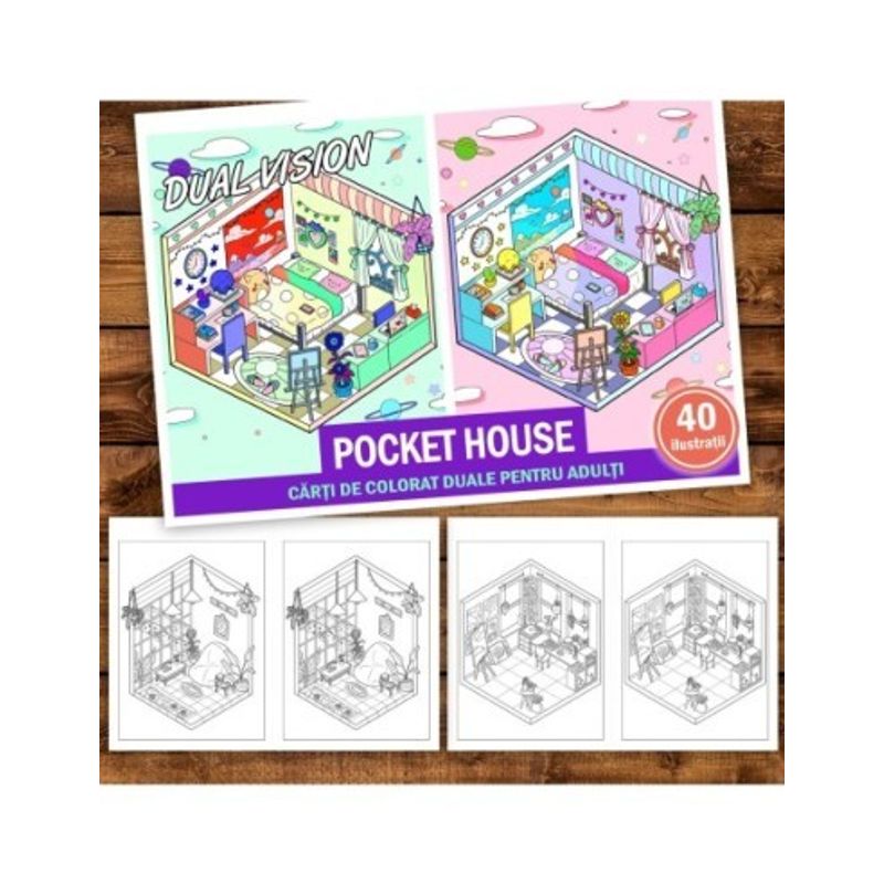 Carti si Birotica - Carti - Carti pentru copii - Carti de colorat - Carte de colorat Dual Vision, 40x2 ilustratii cu Pocket House, 86 pagini, A5 - Infinity.ro