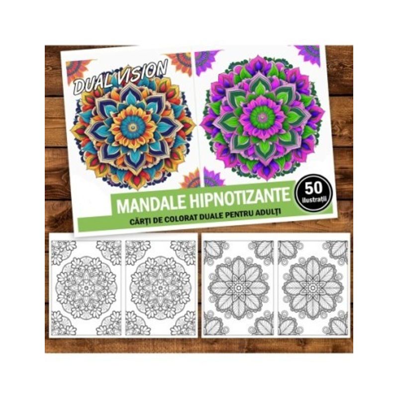 Carti si Birotica - Carti - Carti pentru copii - Carti de colorat - Carte de colorat Dual Vision, 50x2 ilustratii cu Mandale Hipnotizante, 106 pagini, A5 - Infinity.ro