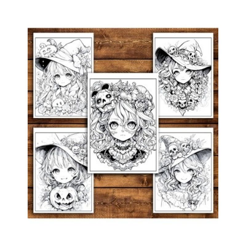 Carti si Birotica - Carti - Carti pentru copii - Carti de colorat - Carte de colorat pentru adulti, 50 de ilustratii Anime Halloween Girls, 106 pagini, A5 - Infinity.ro