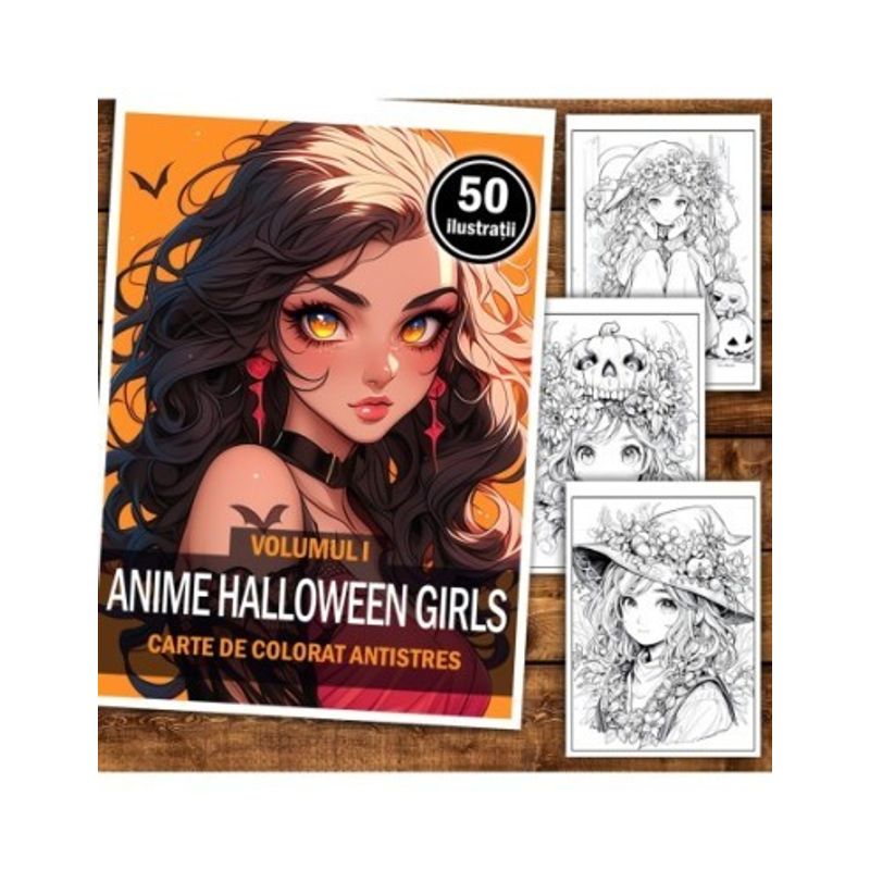 Carti si Birotica - Carti - Carti pentru copii - Carti de colorat - Carte de colorat pentru adulti, 50 de ilustratii Anime Halloween Girls, 106 pagini, A5 - Infinity.ro