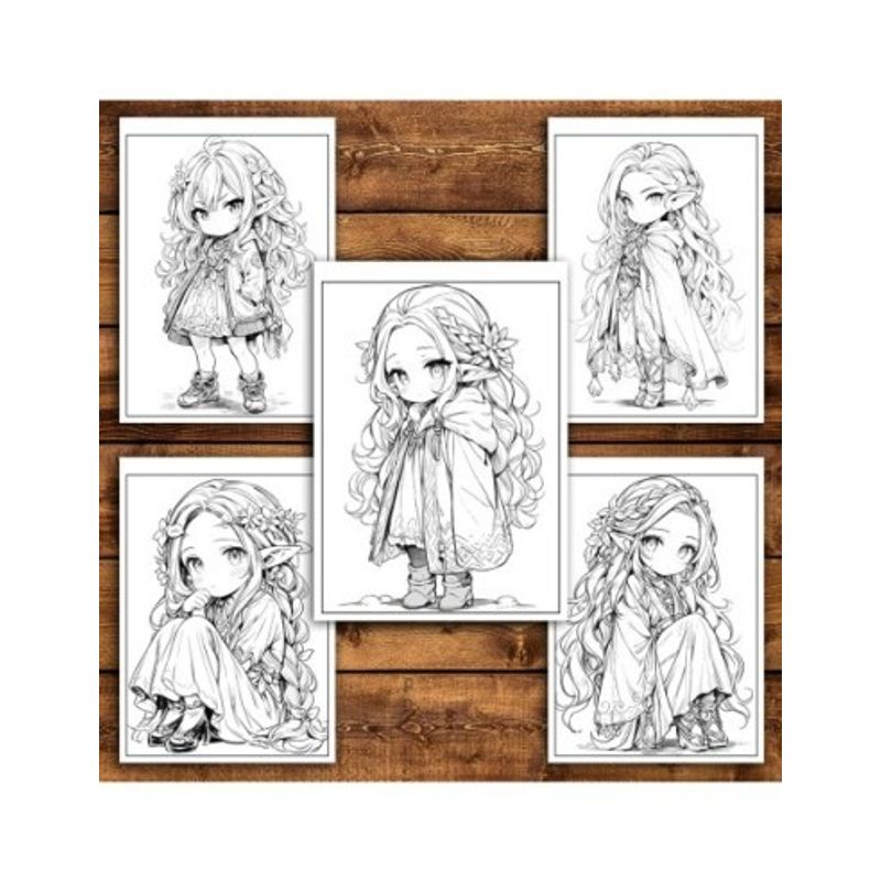 Carti si Birotica - Carti - Carti pentru copii - Carti de colorat - Carte de colorat pentru adulti, 50 de ilustratii Chibi Elf Girls, 106 pagini, A5 - Infinity.ro
