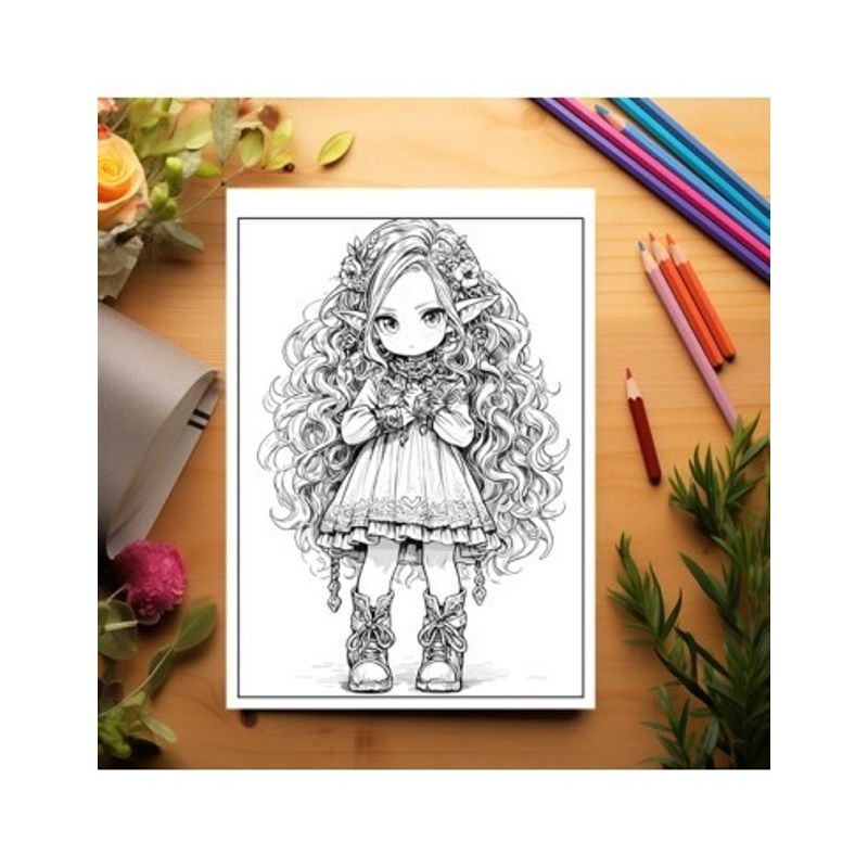 Carti si Birotica - Carti - Carti pentru copii - Carti de colorat - Carte de colorat pentru adulti, 50 de ilustratii Chibi Elf Girls, 106 pagini, A5 - Infinity.ro