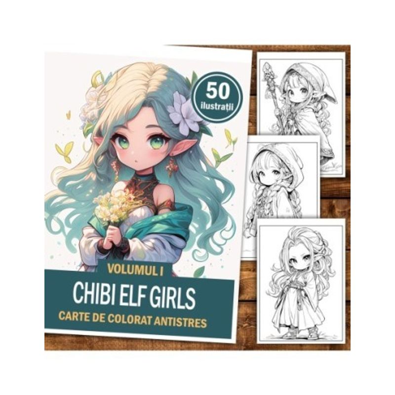 Carti si Birotica - Carti - Carti pentru copii - Carti de colorat - Carte de colorat pentru adulti, 50 de ilustratii Chibi Elf Girls, 106 pagini, A5 - Infinity.ro