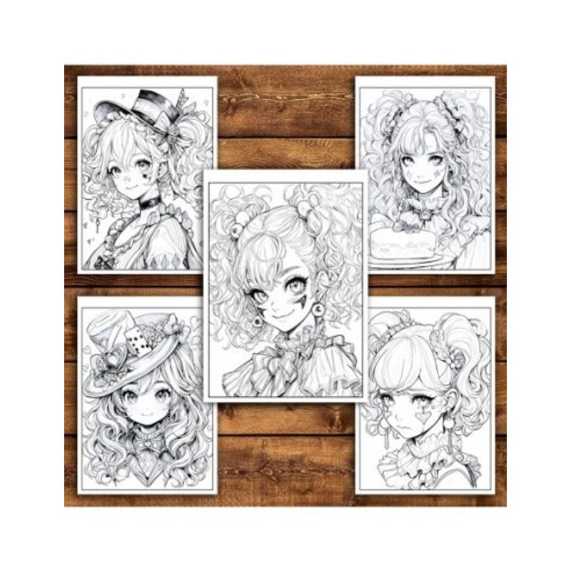 Carti si Birotica - Carti - Carti pentru copii - Carti de colorat - Carte de colorat pentru adulti, 50 de ilustratii, Anime Clown Girls, 106 pagini, A5 - Infinity.ro