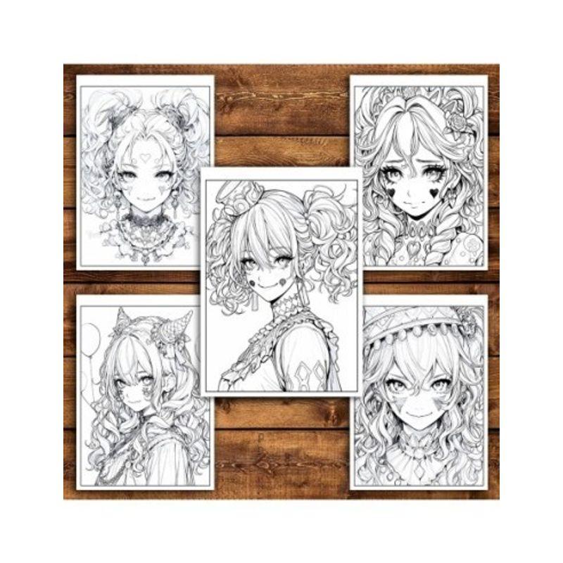 Carti si Birotica - Carti - Carti pentru copii - Carti de colorat - Carte de colorat pentru adulti, 50 de ilustratii, Anime Clown Girls, 106 pagini, A5 - Infinity.ro