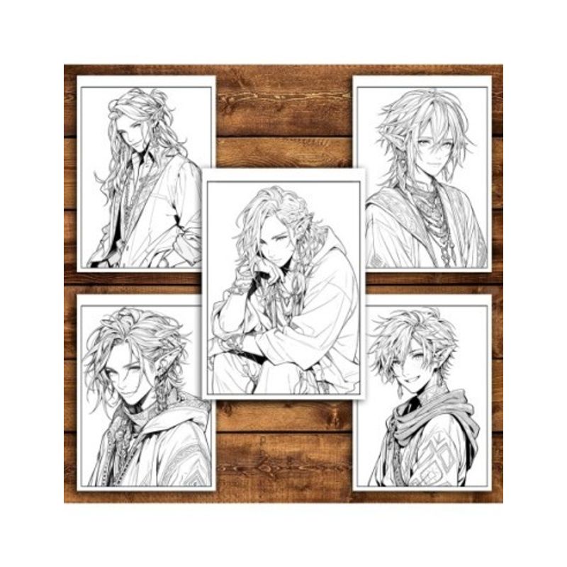 Carti si Birotica - Carti - Carti pentru copii - Carti de colorat - Carte de colorat pentru adulti, 50 de ilustratii, Anime Elf Boys, 106 pagini, A5 - Infinity.ro