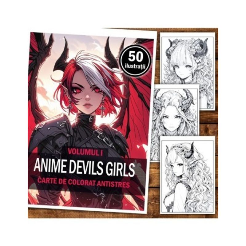 Carti si Birotica - Carti - Carti pentru copii - Carti de colorat - Carte de colorat pentru adulti, 50 de ilustratii, Anime Devil Girls, 106 pagini, A5 - Infinity.ro