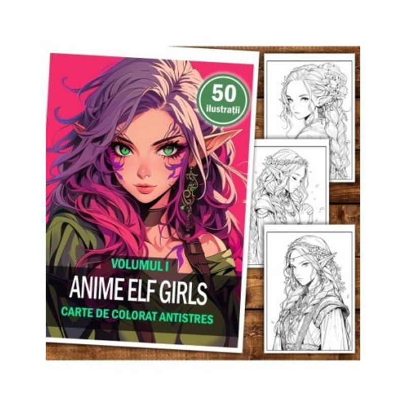 Carti si Birotica - Carti - Carti pentru copii - Carti de colorat - Carte de colorat pentru adulti, 50 de ilustratii, Anime Elves Girls, 106 pagini, A5 - Infinity.ro