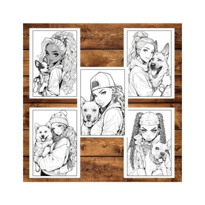 Carti si Birotica - Carti - Carti pentru copii - Carti de colorat - Carte de colorat pentru adulti, 50 de ilustratii, Anime Girls with Dogs, 106 pagini, A5 - Infinity.ro