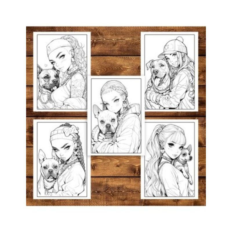 Carti si Birotica - Carti - Carti pentru copii - Carti de colorat - Carte de colorat pentru adulti, 50 de ilustratii, Anime Girls with Dogs, 106 pagini, A5 - Infinity.ro