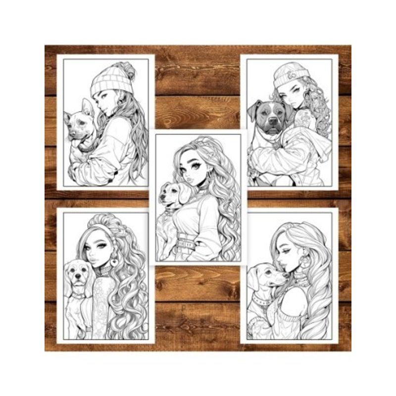 Carti si Birotica - Carti - Carti pentru copii - Carti de colorat - Carte de colorat pentru adulti, 50 de ilustratii, Anime Girls with Dogs, 106 pagini, A5 - Infinity.ro