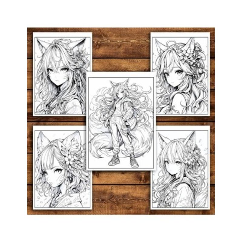 Carti si Birotica - Carti - Carti pentru copii - Carti de colorat - Carte de colorat pentru adulti, 50 de ilustratii, Anime Fox Girls, 106 pagini, A5 - Infinity.ro