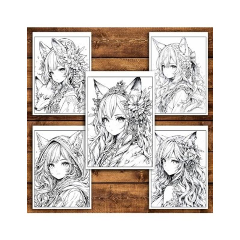 Carti si Birotica - Carti - Carti pentru copii - Carti de colorat - Carte de colorat pentru adulti, 50 de ilustratii, Anime Fox Girls, 106 pagini, A5 - Infinity.ro
