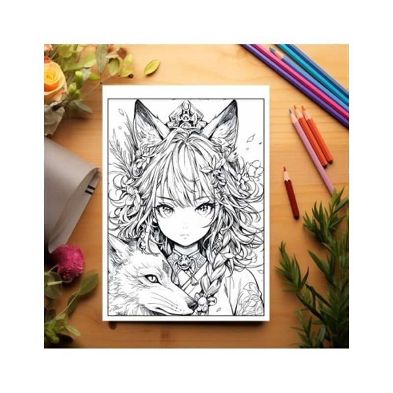 Carti si Birotica - Carti - Carti pentru copii - Carti de colorat - Carte de colorat pentru adulti, 50 de ilustratii, Anime Fox Girls, 106 pagini, A5 - Infinity.ro