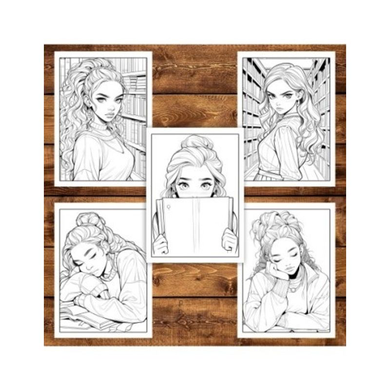 Carti si Birotica - Carti - Carti pentru copii - Carti de colorat - Carte de colorat pentru adulti, 50 de ilustratii, Anime Girls With Books, 106 pagini, A5 - Infinity.ro