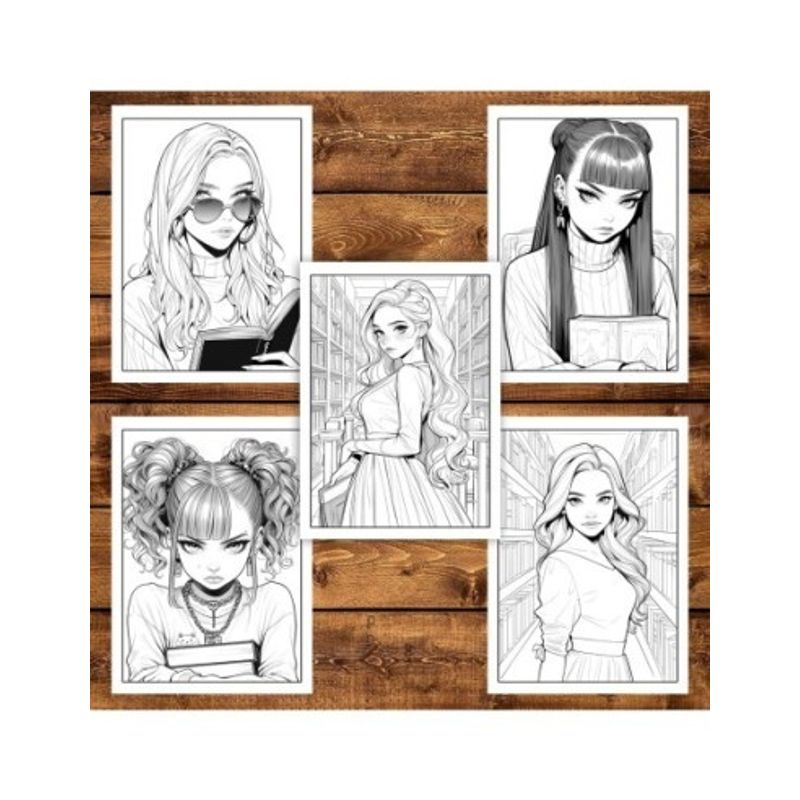 Carti si Birotica - Carti - Carti pentru copii - Carti de colorat - Carte de colorat pentru adulti, 50 de ilustratii, Anime Girls With Books, 106 pagini, A5 - Infinity.ro