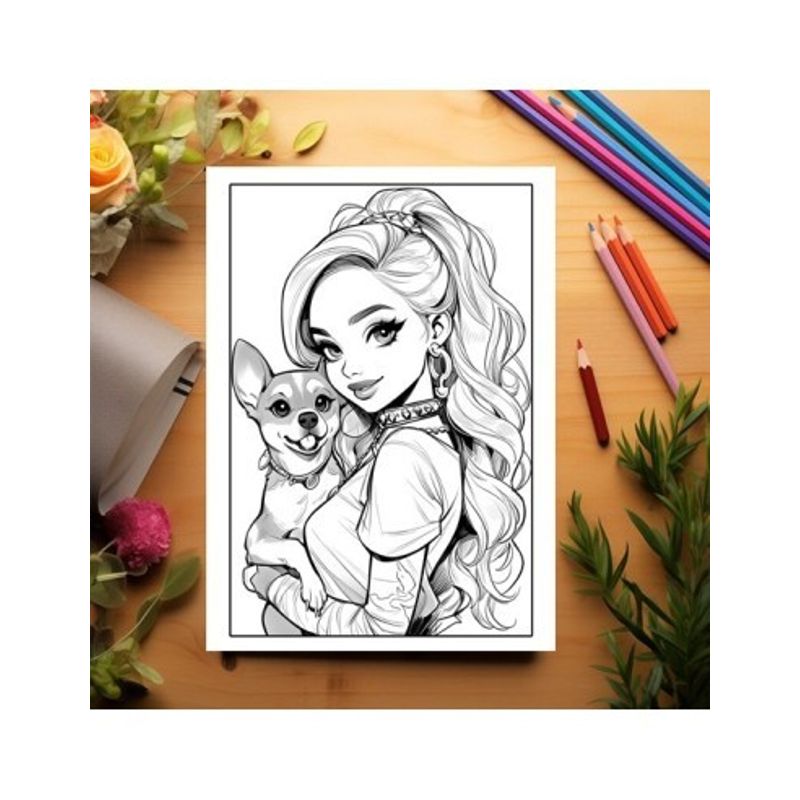 Carti si Birotica - Carti - Carti pentru copii - Carti de colorat - Carte de colorat pentru adulti, 50 de ilustratii, Anime Girls with Dogs, 106 pagini, A5 - Infinity.ro