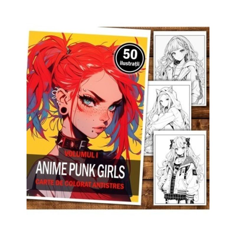 Carti si Birotica - Carti - Carti pentru copii - Carti de colorat - Carte de colorat pentru adulti, 50 de ilustratii, Anime Punk Girls, 106 pagini, A5 - Infinity.ro