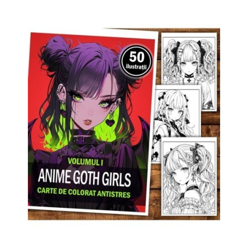 Carti si Birotica - Carti - Carti pentru copii - Carti de colorat - Carte de colorat pentru adulti, 50 de ilustratii, Anime Goth Girls, 106 pagini, A5 - Infinity.ro