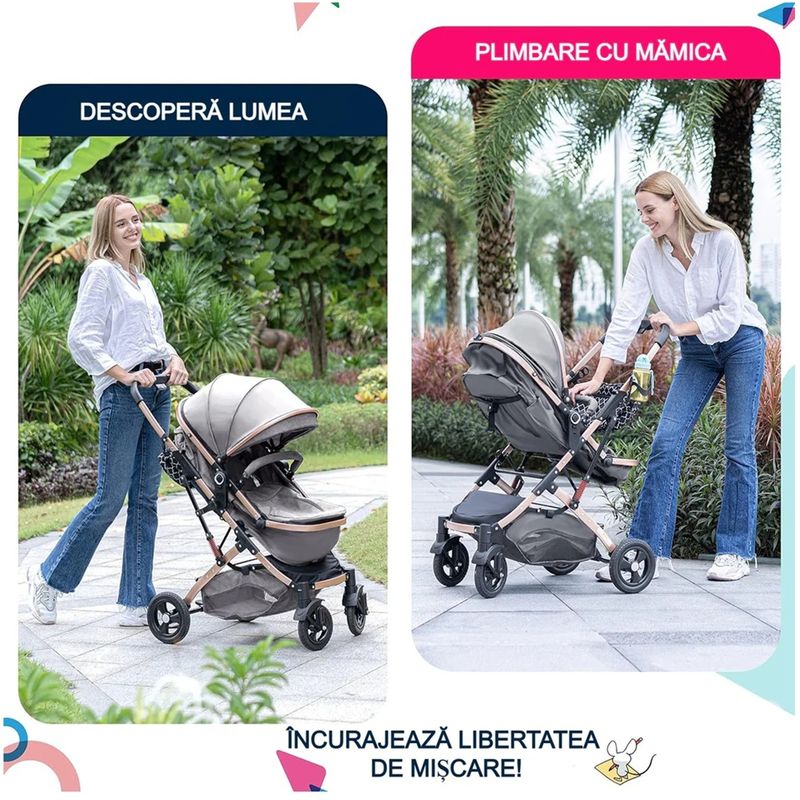 Jucarii, Copii si Bebe - Carucioare si articole de transport - Carucioare - Carucioare 2 in 1 - Carucior 2 in 1 pliabil si reversibil pentru bebelusi, cu cos de depozitare, 0-36 luni, pana la 15 kg, gri - Infinity.ro