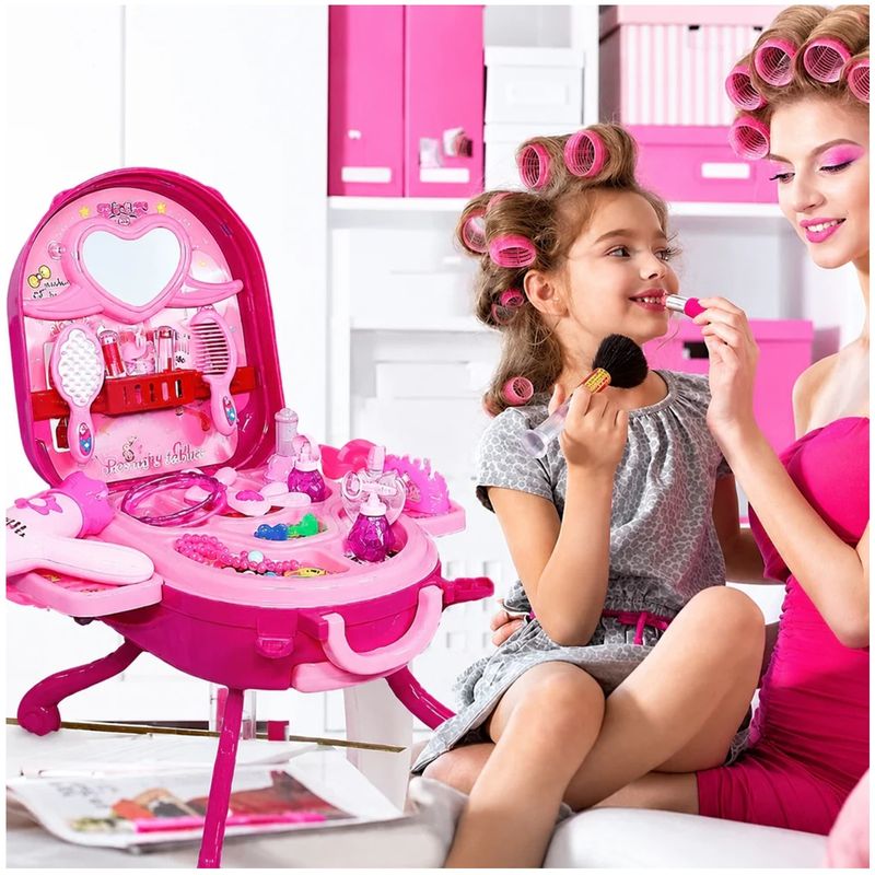 Jucarii, Copii si Bebe - Jucarii si jocuri - Jucarii de rol - Frumusete, bijuterii si accesorii fetite - Set Machiaj de jucarie pentru fete, valiza 2 in 1 transformabila, 36 piese, 3+, roz - Infinity.ro