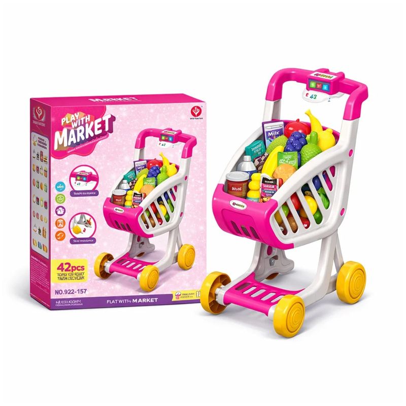 Jucarii, Copii si Bebe - Jucarii si jocuri - Jucarii de rol - Set joaca supermarket - Carucior de cumparaturi pentru copii, cu sunete si lumini, 42 piese, 3+, multicolor - Infinity.ro