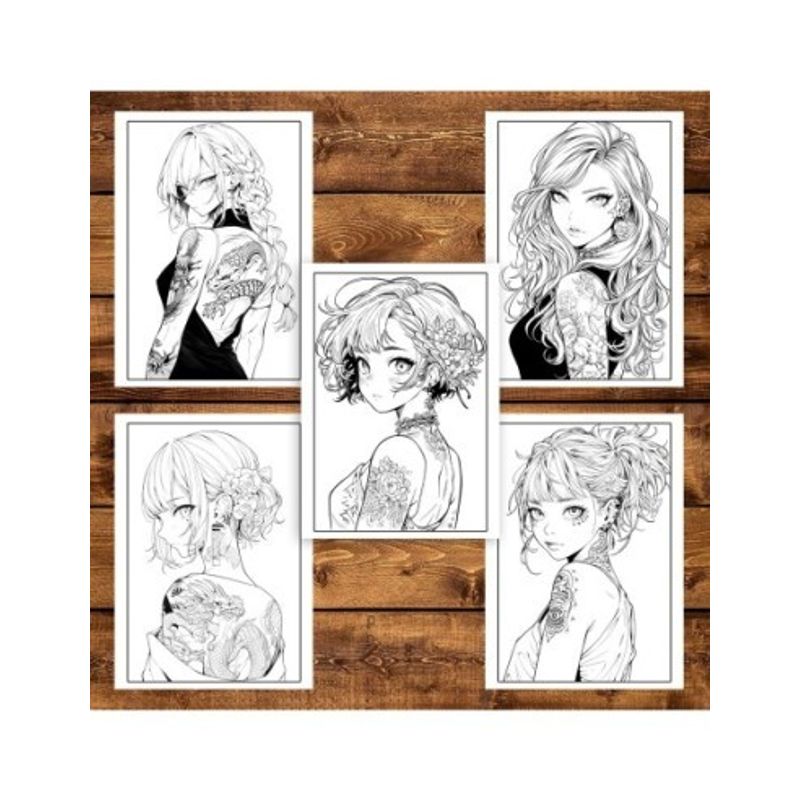 Carti si Birotica - Carti - Carti pentru copii - Carti de colorat - Carte de colorat pentru adulti, 50 de ilustratii, Anime Tattoo Girls, 106 pagini, A5 - Infinity.ro