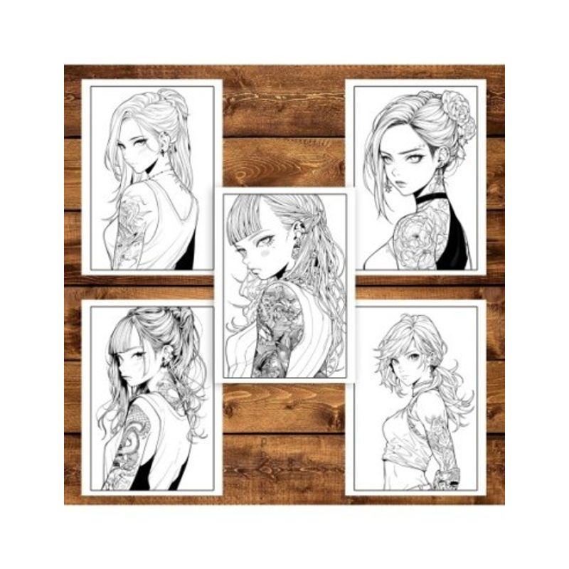 Carti si Birotica - Carti - Carti pentru copii - Carti de colorat - Carte de colorat pentru adulti, 50 de ilustratii, Anime Tattoo Girls, 106 pagini, A5 - Infinity.ro