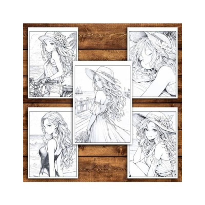 Carti si Birotica - Carti - Carti pentru copii - Carti de colorat - Carte de colorat pentru adulti, 50 de ilustratii, Anime Summer Girls, 106 pagini, A5 - Infinity.ro