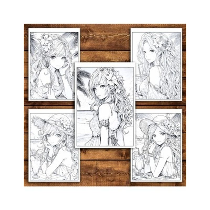 Carti si Birotica - Carti - Carti pentru copii - Carti de colorat - Carte de colorat pentru adulti, 50 de ilustratii, Anime Summer Girls, 106 pagini, A5 - Infinity.ro